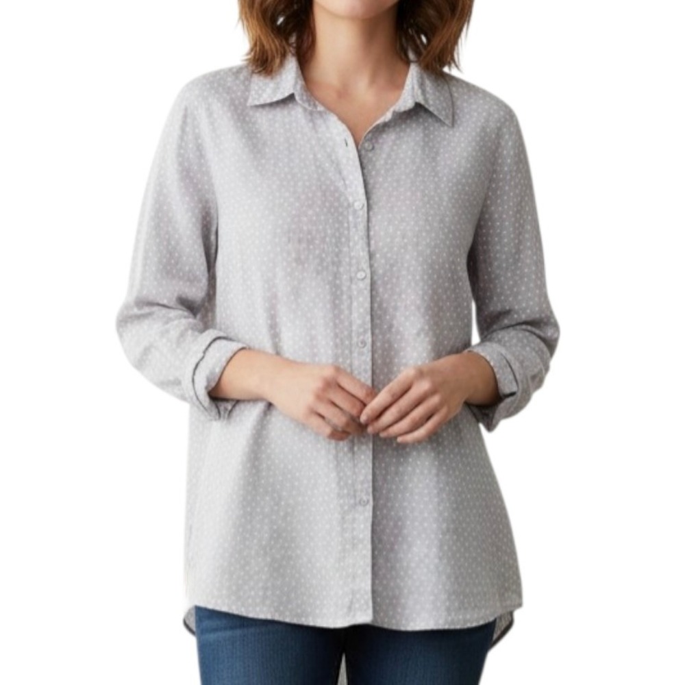 RACHEL ZOE Linen Button-Up Shirt Top GRAYISH LAVENDER & WHITE POLKDA-DOTS sz M
